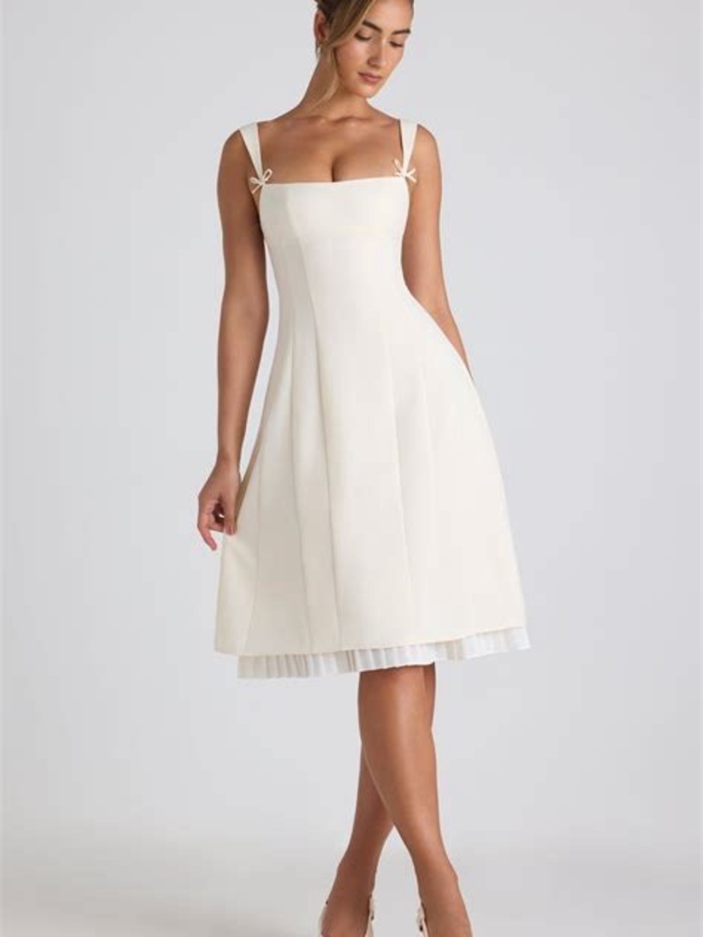 Oh Polly Ivory Square-Neck Midi Dress with Shoulder Bows